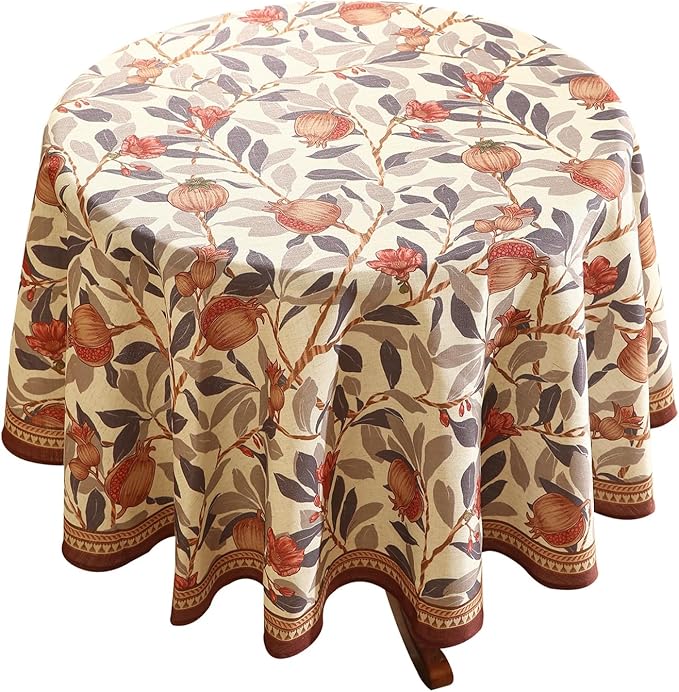 patdrea Designer Linen Round Tablecloth, Vintage Pomegranates and Leaves Tree by Welcometopatdrea