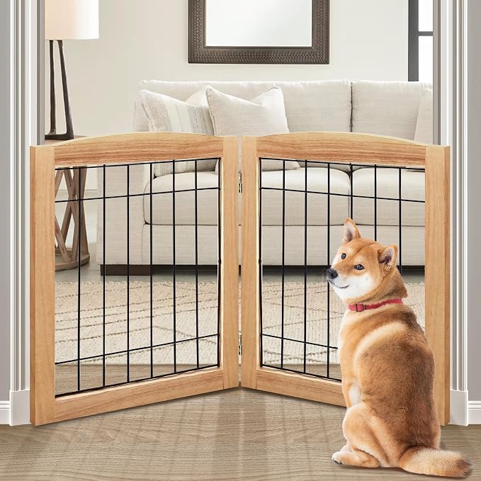 LZRS 2-Panel Freestanding Foldable Wood Dog Gate – Solid Wood & Steel Wire by LZRSPET
