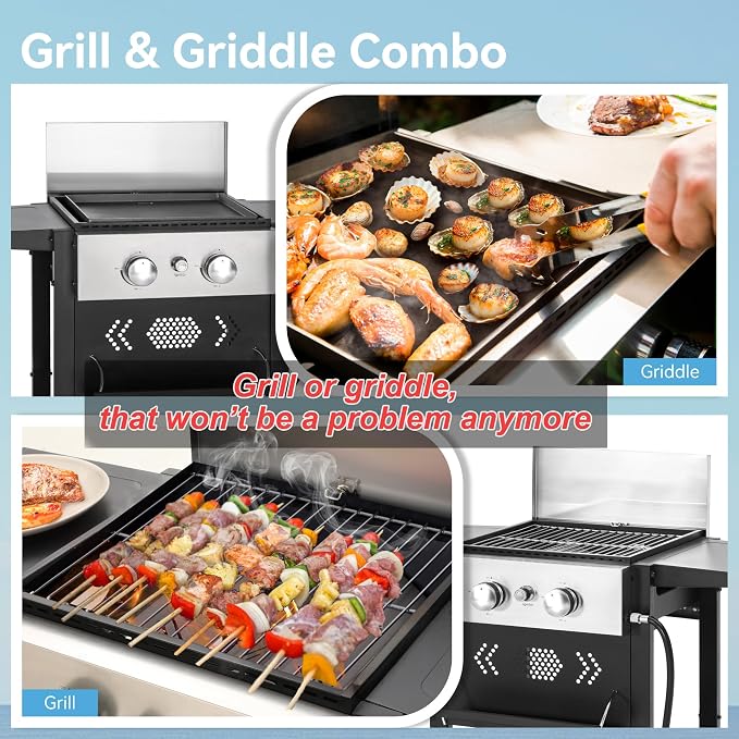 GREEN PARTY 2 Burner Griddle Grill Combo, 2 in 1 Propane Gas BBQ Grill w/Cast - Image 8
