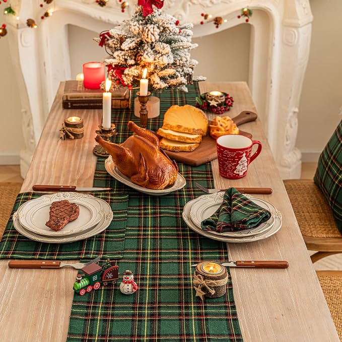 Green Yellow Plaid Christmas Table Runner, Winter Holiday Table Runners 72 - Image 6