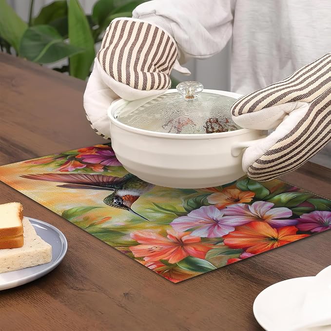 Hummingbird Placemats Set of 6, Colorful Flower Waterproof Non-Slip Washable - Image 4
