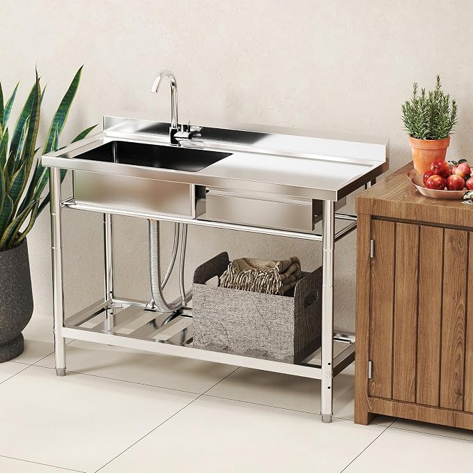 Stainless Steel Utility Sink, 47.2'' Free Standing Single Bowl Kitchen Sink - Image 2