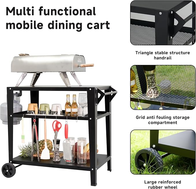 Black Outdoor Grill Cart with Wheels, Heavy-Duty 3-Tier BBQ Prep Table - Image 5