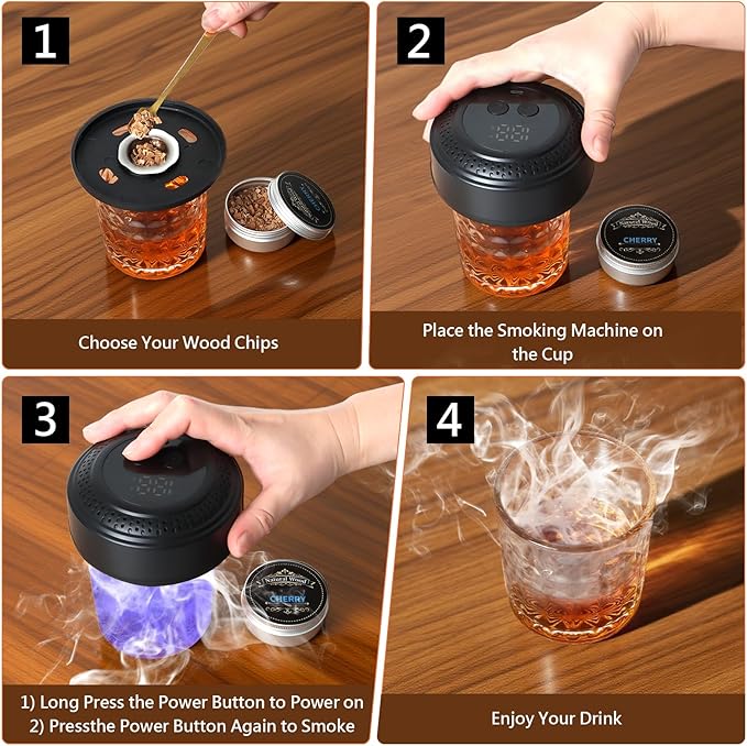 Bar Set Cocktail Smoker Kit with USB Rechargeable Battery and 6 Wood Chips