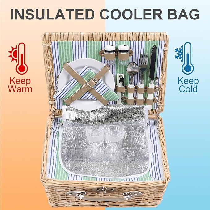 Wicker Picnic Basket for 2 Person, Willow Hamper Basket Sets - Image 8