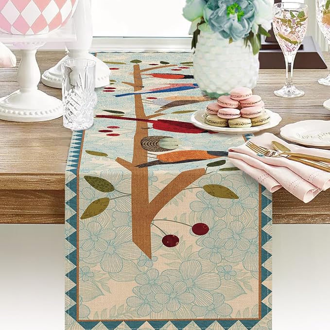 Seliem Spring Summer Birds Blue Table Runner, Cardinal Chickadee Bluebird - Image 7
