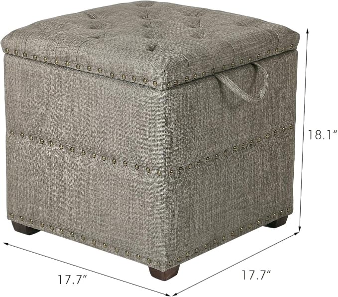 Adeco 18 Inch High Cube Ottoman Storage, Linen Grey Chair Foot Stools - Image 3