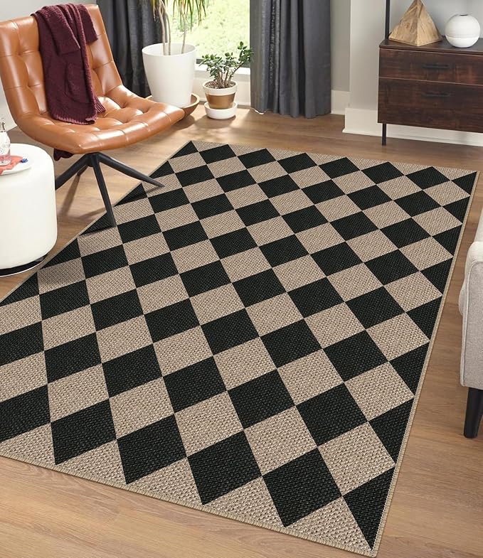 Easy Jute Checkered Area Rug, 4x6 Black Modern Washable Rugs by Rugalia