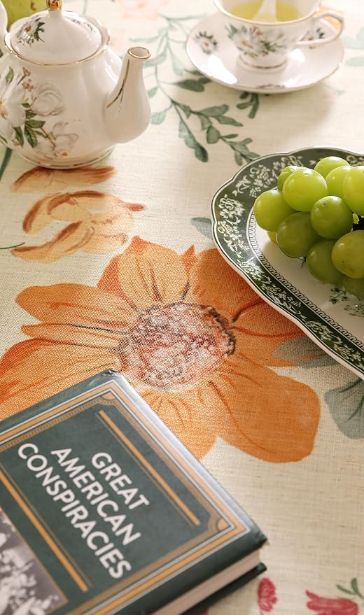 French Tablecloth for Round Table, Linen Orange Floral Wrinkle Resistant - Image 4
