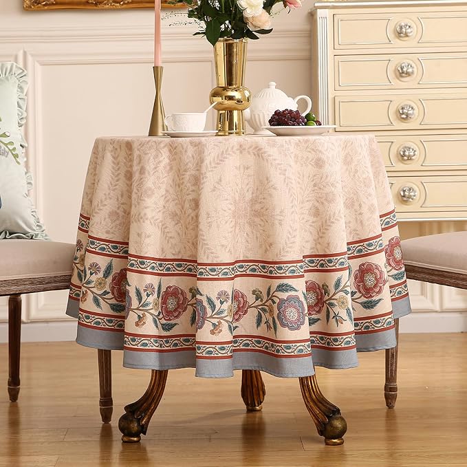 Designer Floral Linen Round Tablecloth, Vintage Indian Wrinkle Resistant - Image 2