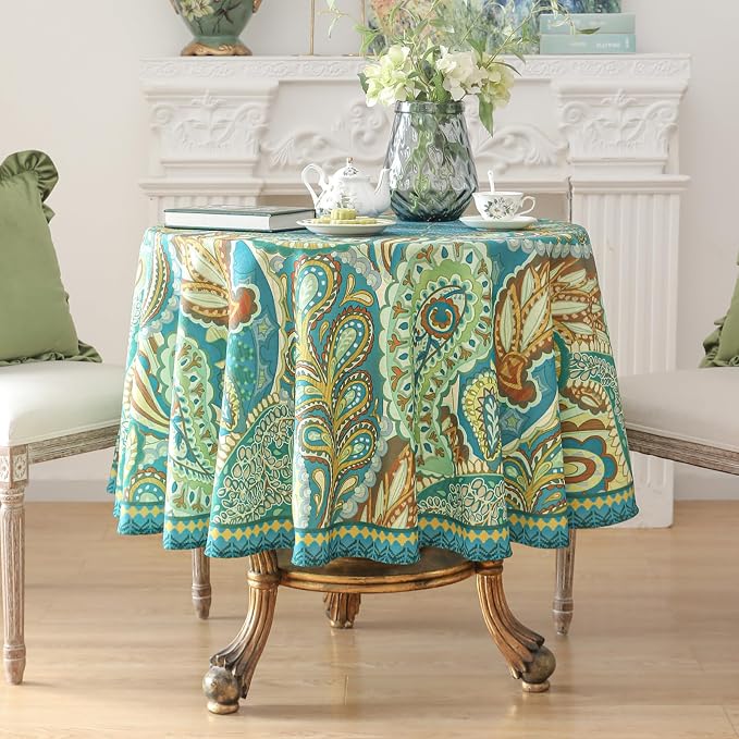 Linen 55 Inch Round Tablecloth, Wrinkle Resistant French Green Tablecloth Print - Image 2