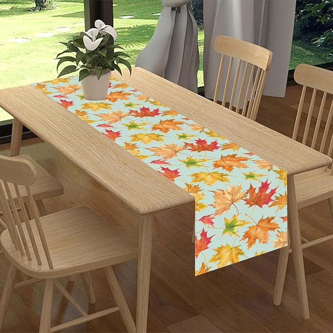 Fall Table Runner, Farmhouse Seasonal Autumn Maple Leaves Harvest Thanksgiving - Image 2