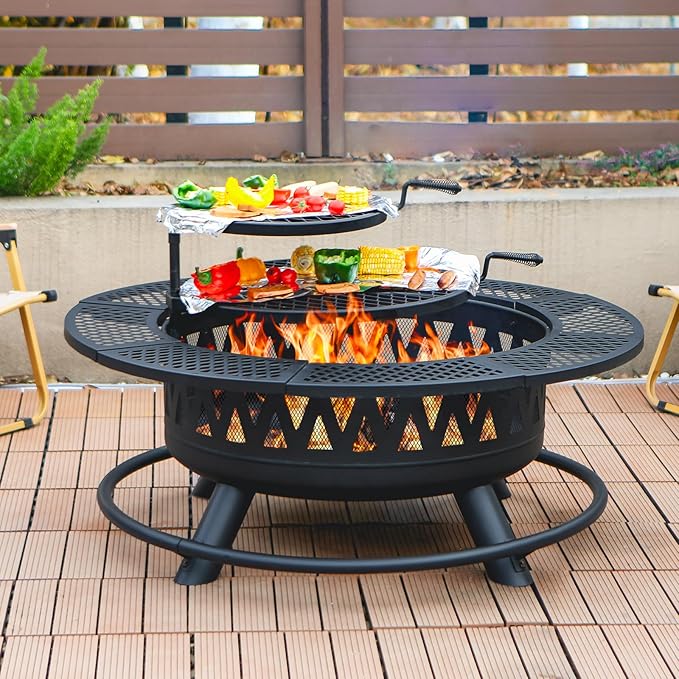 42 Inch Fire Pit with 2 Grills, Large Outdoor Firepits by Florise