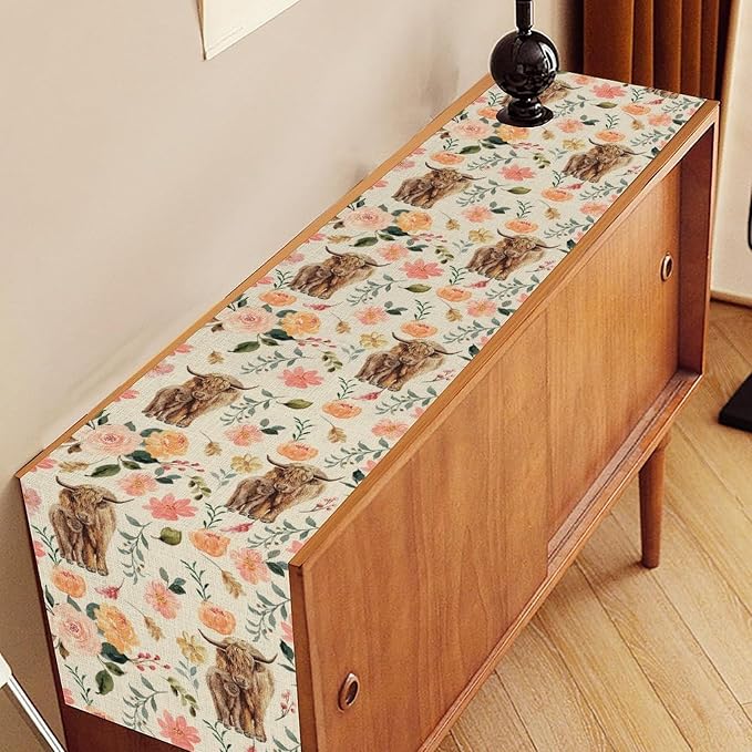 Cow Table Runner, Rustic Farmhouse Pink Floral Flower Spring Summer Yak Leaves - Image 3