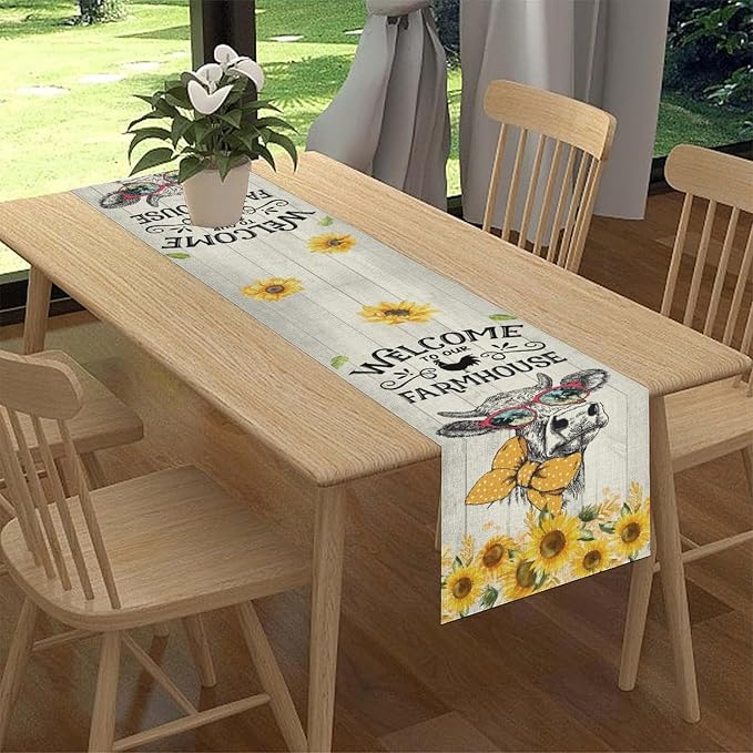 Farmhouse Cow Table Runner, Rustic Yellow Sunflower Floral Buffalo Animals - Image 2