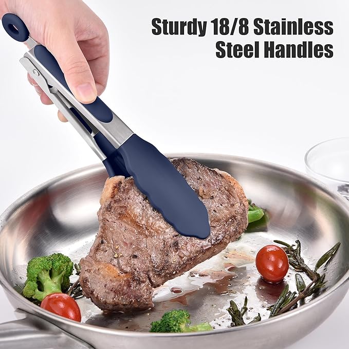 Navy Blue Locking Tongs, 10.5-Inch Stainless Steel with Silicone Tips
