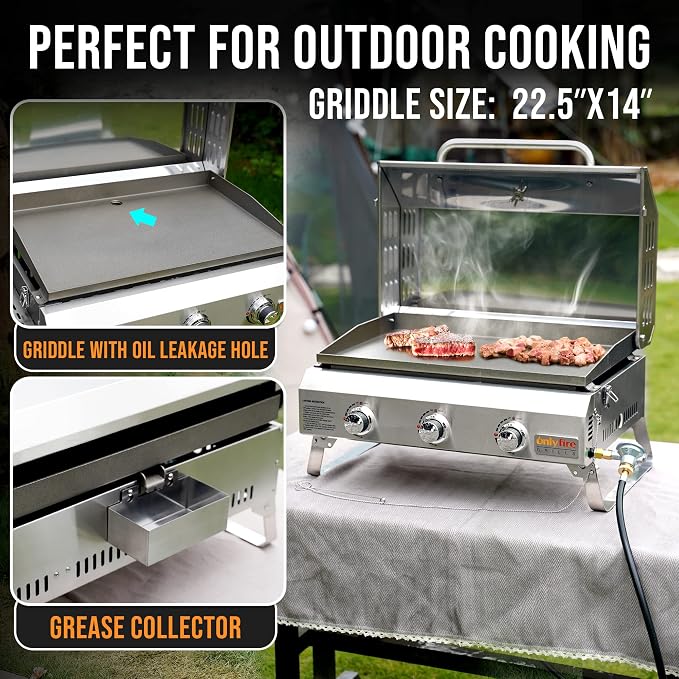 Tabletop Gas Griddle with Foldable Legs, Portable 3-Burner Propane Gas Grill - Image 11