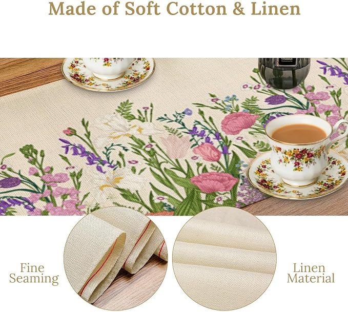 Floral Table Runner, Watercolor Spring Summer Seasons Pink Purple Flowers Table - Image 4