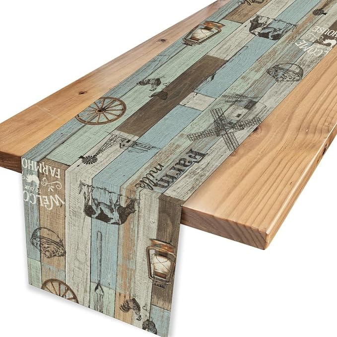 Farmhouse Cow Table Runner, Rustic Blue Wooden Animals Rooster Chicken Summer - Image 4