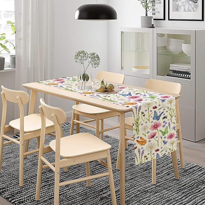 Flower Floral Table Runner, Butterfly Wildflowers Daisy Spring Summer Rustic - Image 2