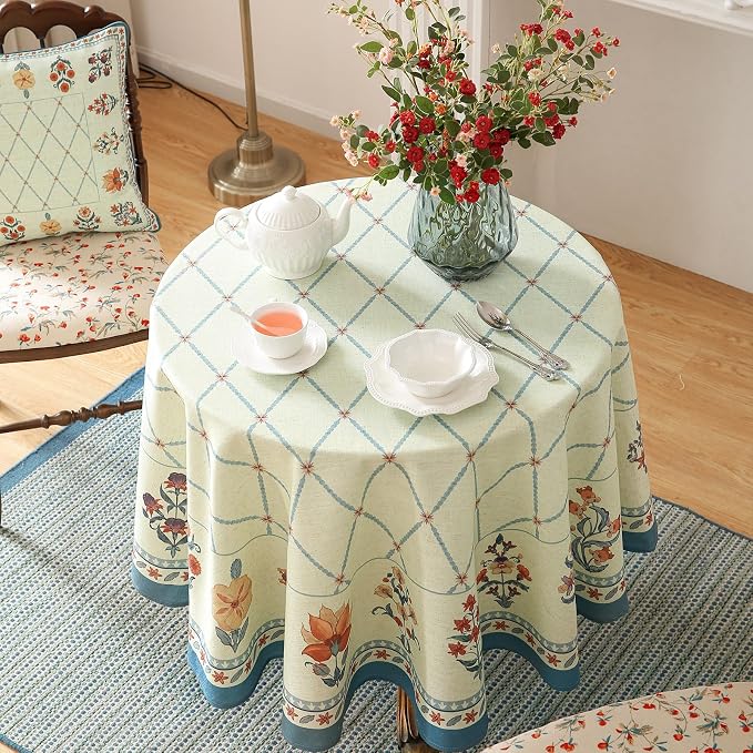 ISAENNE Designer Linen Floral Round Tablecloth, Light Green Farmhouse Durable - Image 8