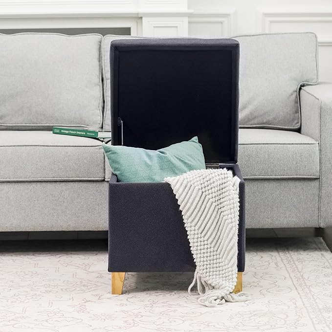 Homebeez Tufted Grainy Linen Fabric Storage Ottoman Square Cube Foot Rest Stool - Image 2
