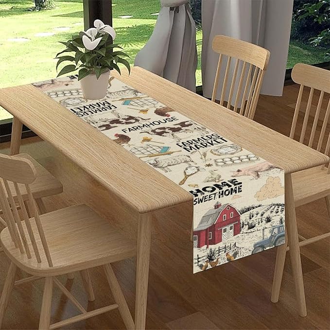 Farmhouse Rooster Table Runner, Rustic Cow Chicken Pig House Animals Coffee - Image 2