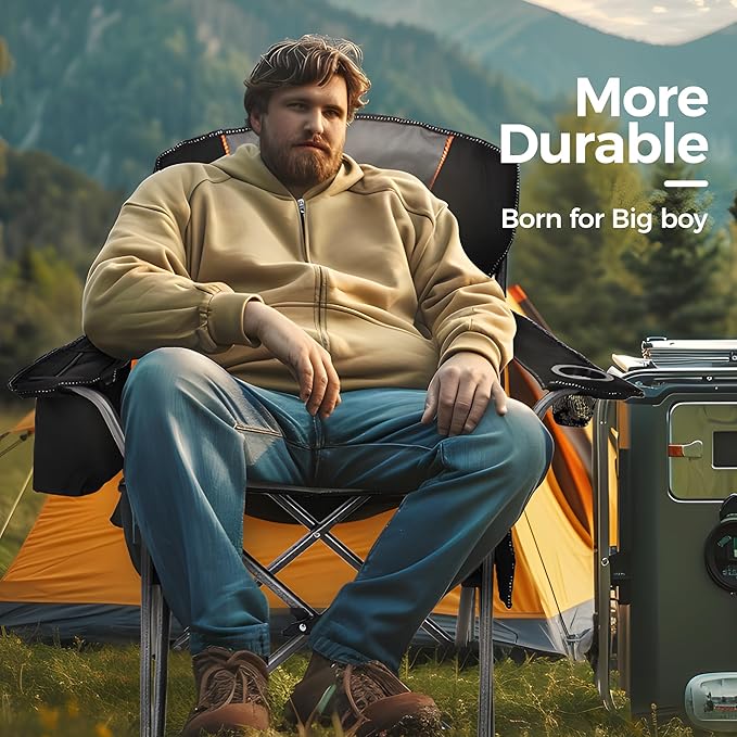 Camp Chair, Oversized Black Folding Design, 500 lb Capacity