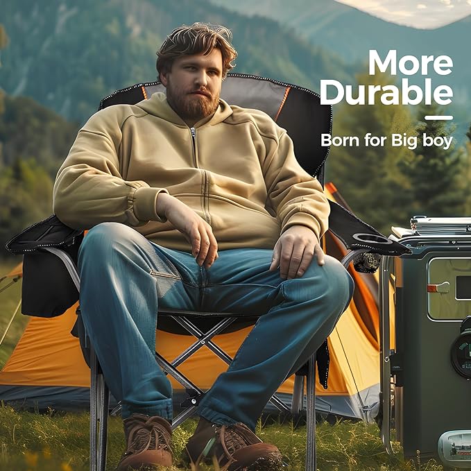 Black Camping Chair with Cooler Bag and 500 lb Capacity