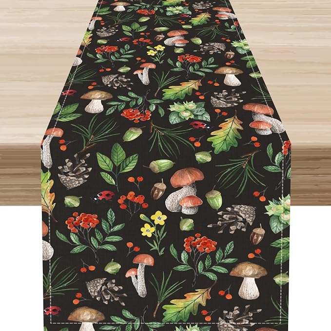 Mushroom Table Runner, Rustic Farmhouse Forest Plants Botanical Wild Floral by Unknown