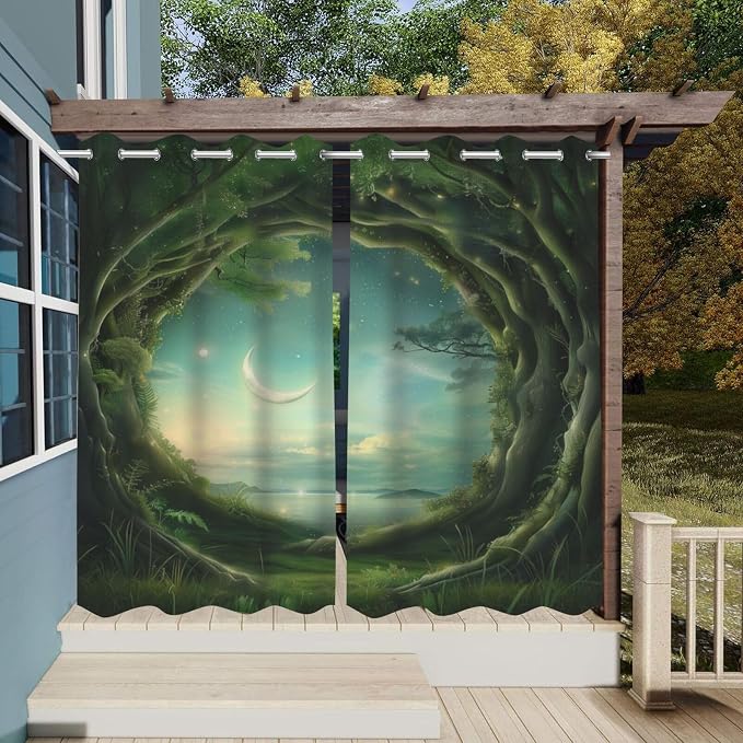 Forest Theme Outdoor Curtains for Patio Waterproof, Trees Moon Lake Pattern - Image 3