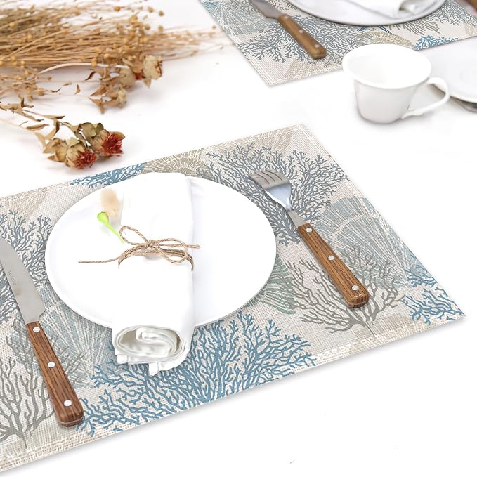 Coastal Beach Placemats Set of 6, Shell Starfish Coral Heat Resistant Table - Image 6