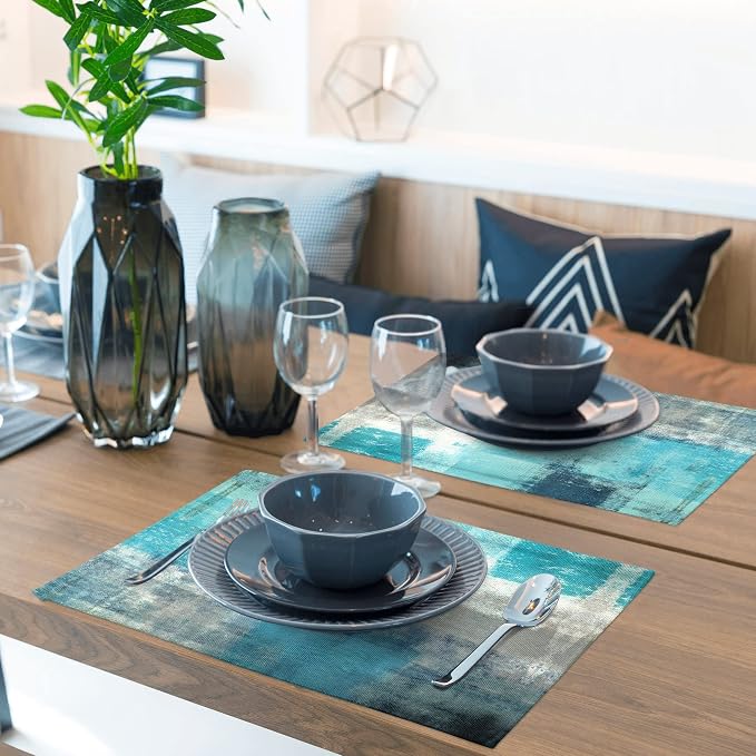 Modern Art Placemats Set of 4 Turquoise Abstract Painting Place Mats Washable - Image 4