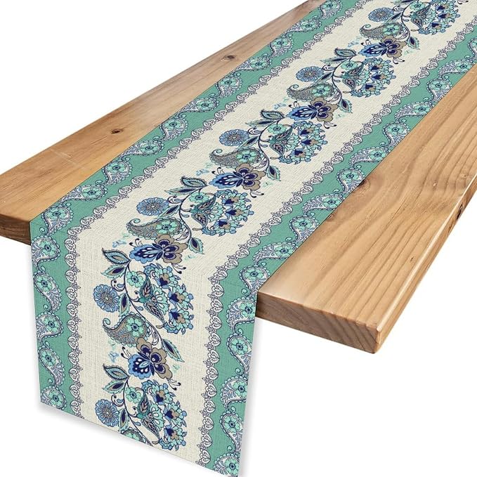 Paisley Table Runner, Vintage Teal Damask Floral Flower Boho Antique Damask - Image 4