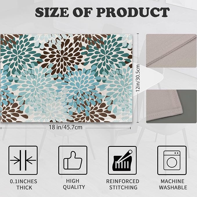 Blue Gray Dahlia Placemats Set of 6, Geometric Flowers Heat Resistant Table - Image 2