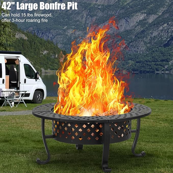 42 Inch Fire Pit with 2 BBQ Grills, Wood Burning Fire Pits - Image 6