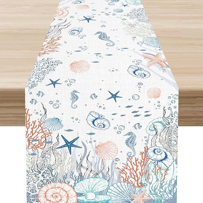 Nautical Table Runner, Summer Coastal Starfish Seahorse Seashells Coral by Unknown