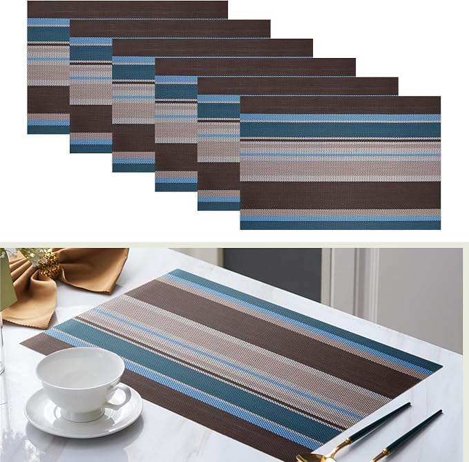 Set of 6 Colorful Striped Vinyl Placemats Heat-Resistant Washable Placemats by Unknown