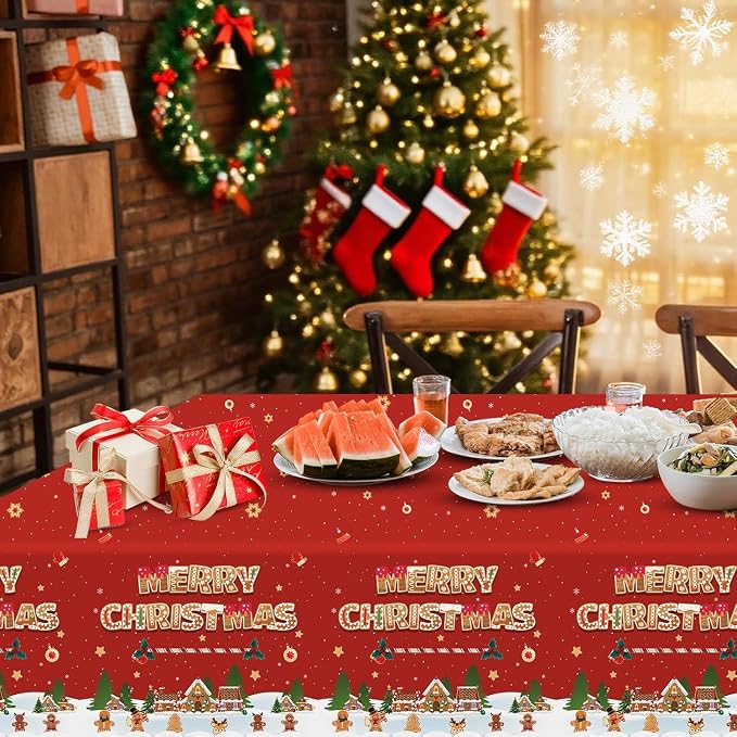 Merry Christmas Party Table Cloth Decorations Red Orange Gingerbread Plastic - Image 3