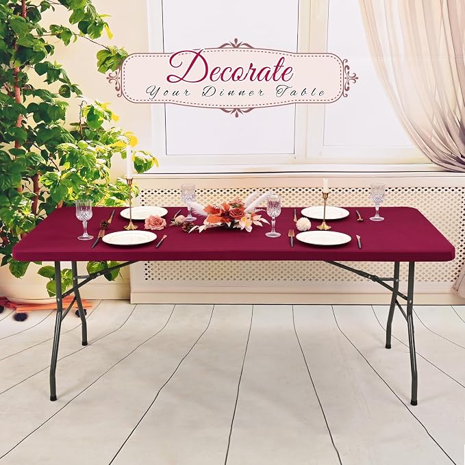 6 Pack Stretch Fabric Table Top Cap Cover, Wine Red Table Covers fits 8Ft Tables - Image 5