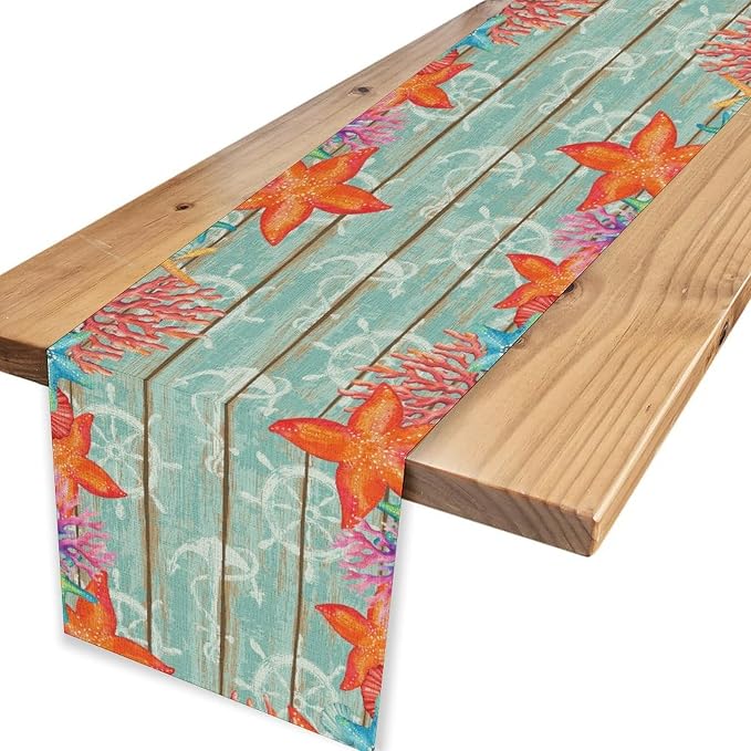 Blue Starfish Table Runner, Nautical Beach Wooden Ocean Table Runner Seasonal - Image 4