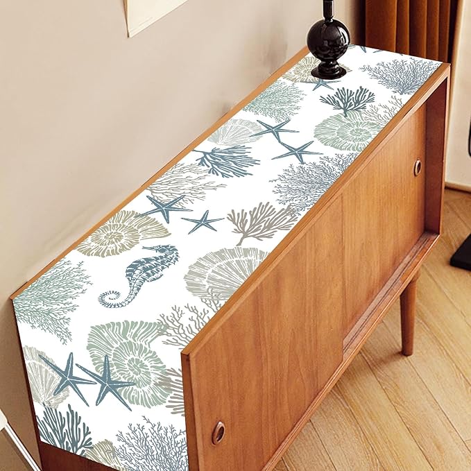 Coastal Table Runner, Summer Beach Starfish Seahorse Seashells Blue Coral - Image 3