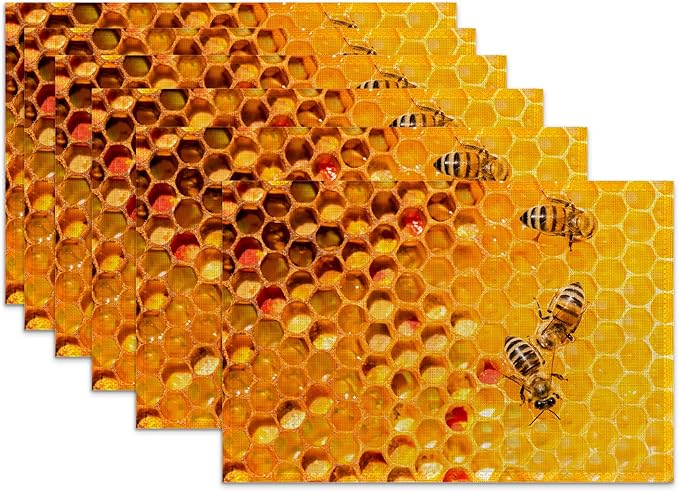 Honey Bee Placemats Set of 6 Linen Heat Resistant by SNOWMOLLE
