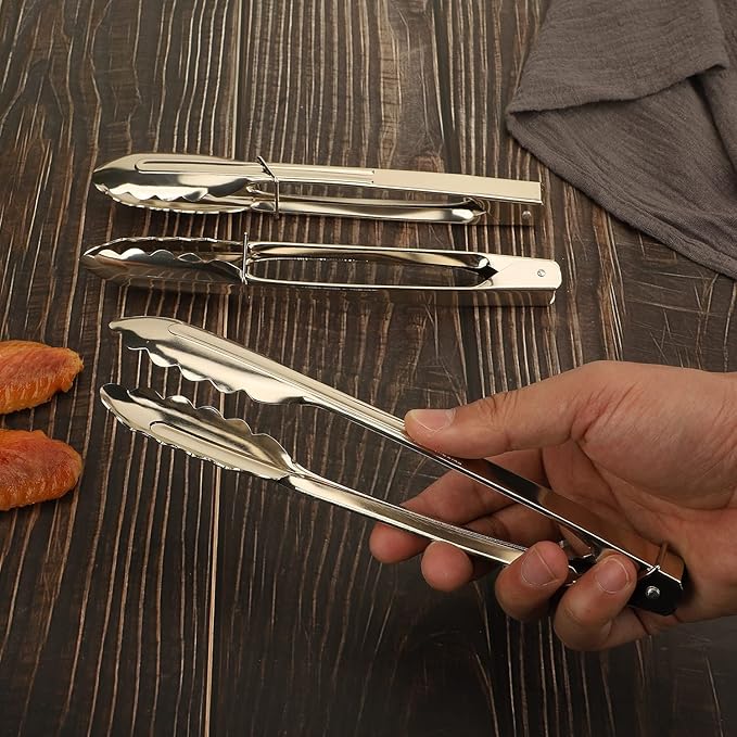Serving Tongs 3-Pack, Silver Aluminum, 9-Inch Locking Tongs with Scalloped Tips