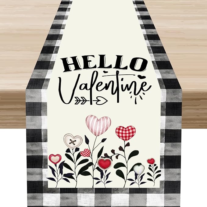 Valentines Day Table Runner, Vintage Rustic Black White Red Heart Buffalo Plaid by Unknown