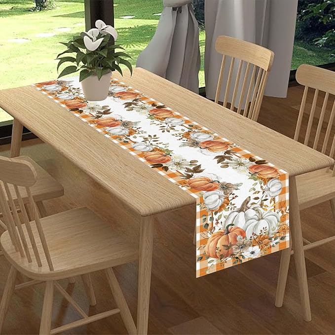 Fall Table Runner, Farmhouse Autumn Pumpkin Harvest Orange Buffalo Plaid - Image 2