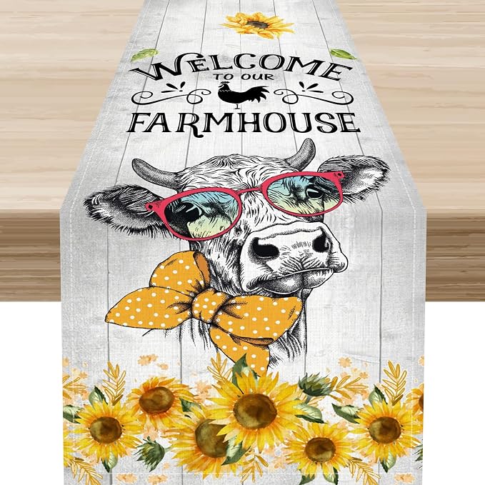 Farmhouse Cow Table Runner, Rustic Yellow Sunflower Floral Buffalo Animals by Unknown