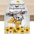 Farmhouse Cow Table Runner, Rustic Yellow Sunflower Floral Buffalo Animals by Unknown