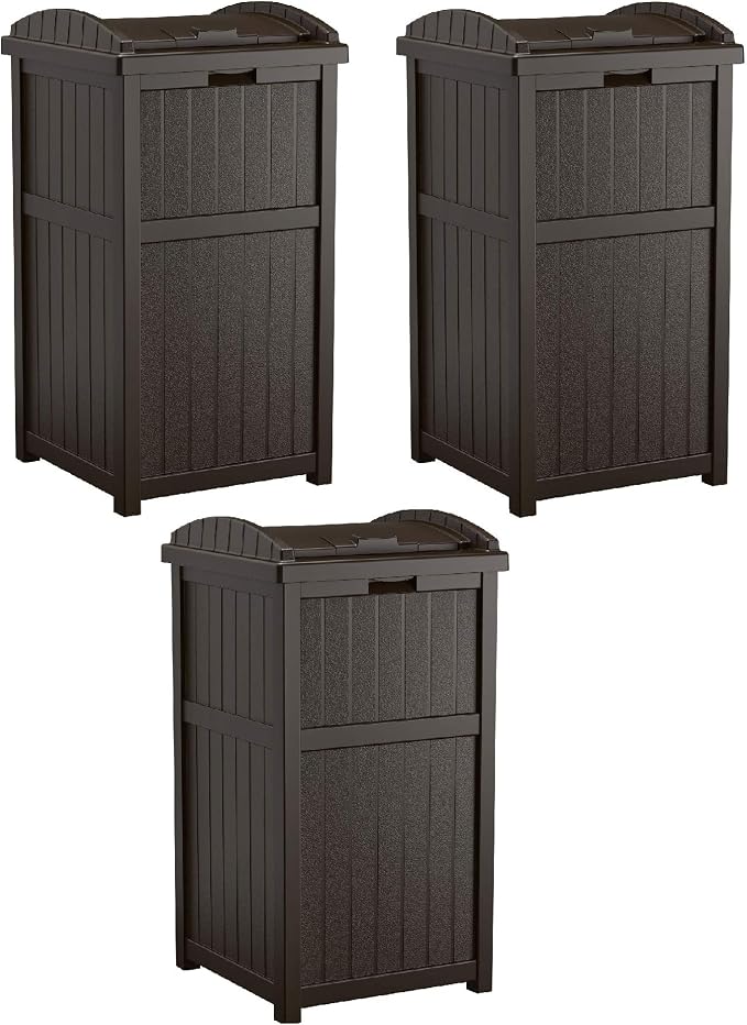 Suncast 3 Pack 33 Gallon Durable Plastic Hideaway Outdoor Garbage Can by Suncast
