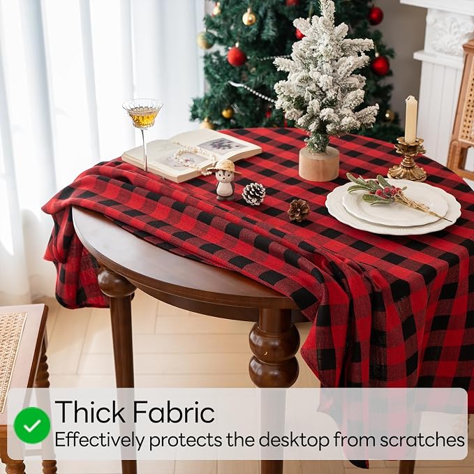 Christmas Gingham Tablecloth Heavy Duty Cotton Blend Red 60 inch Round - Image 3